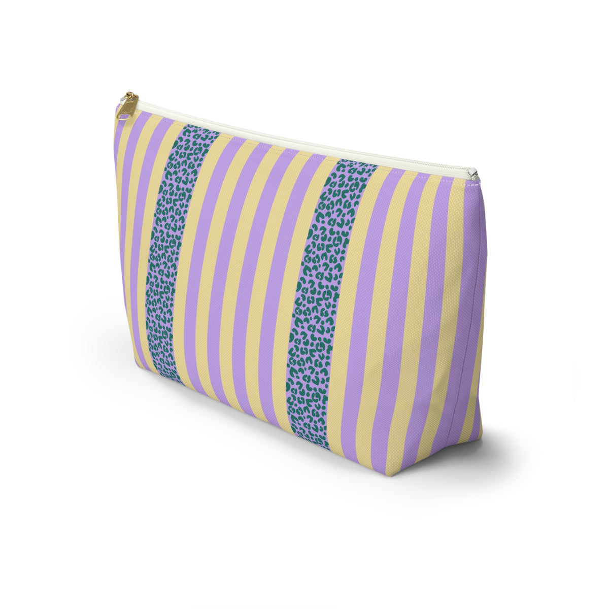 Side view of the Lilac Leopard Striped makeup bag
