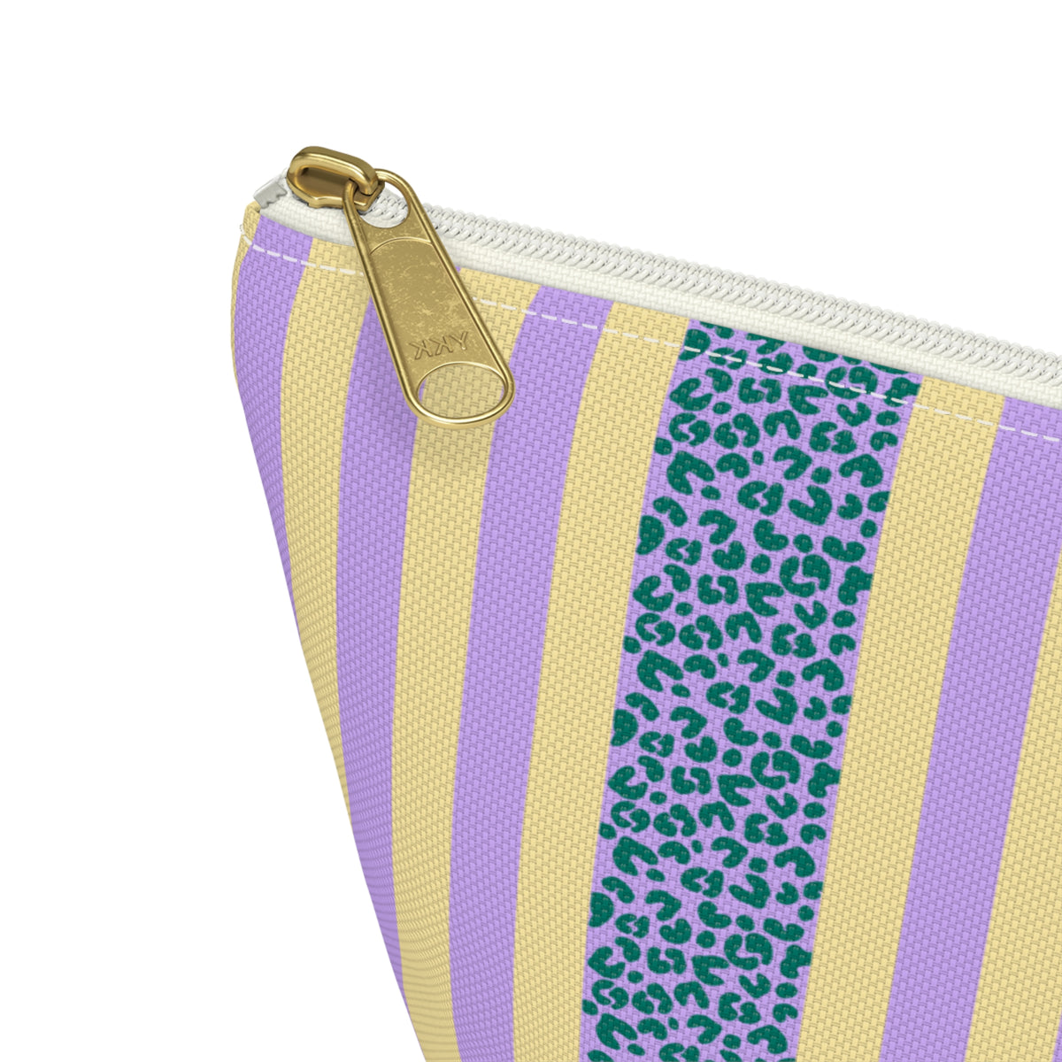 Close-up of the lilac and yellow stripes, blue leopard print band and gold zipper pull