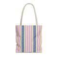 Lilac Leopard Striped tote bag with beige handles, front view on white