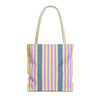 Lilac Leopard Striped tote bag with beige handles, front view on white
