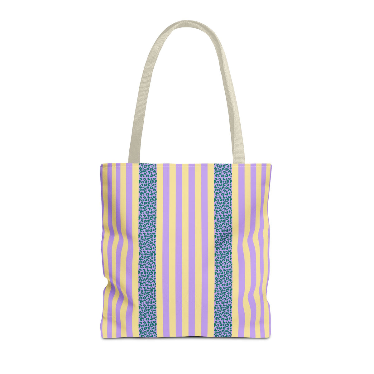 Lilac Leopard Striped tote bag with beige handles, front view on white