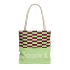 Lime green burgundy checkered personalized tote bag with a name on the green panel, front view