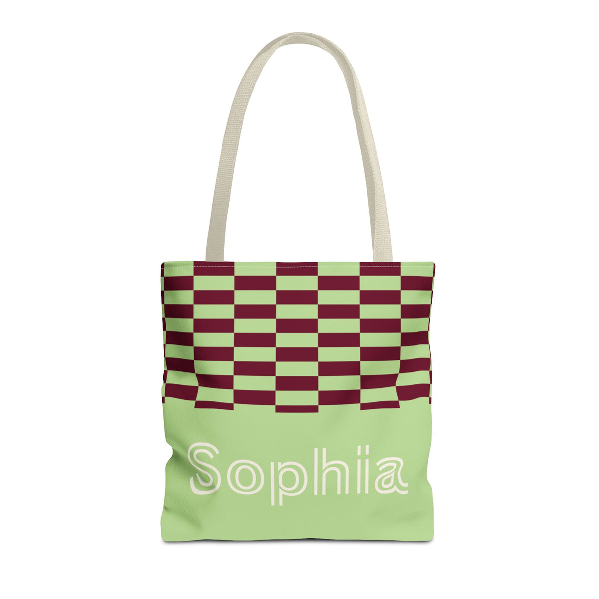 Lime green burgundy checkered personalized tote bag with a name on the green panel, front view