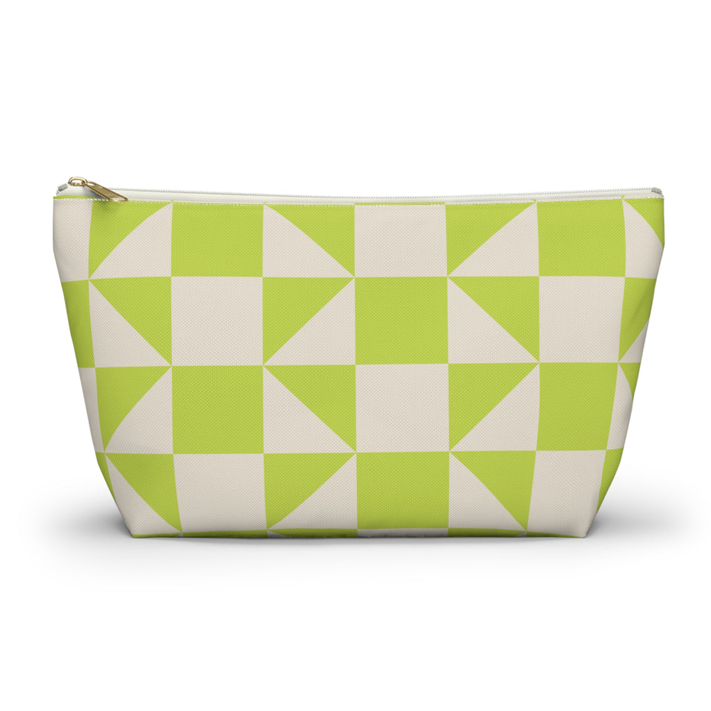 Lime green cream geometric makeup bag front view on white background