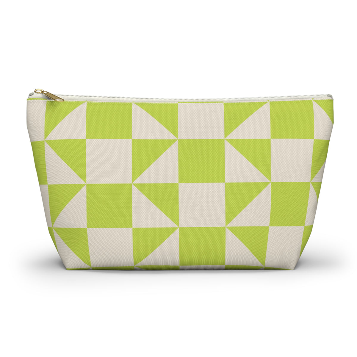 Lime green cream geometric makeup bag front view on white background