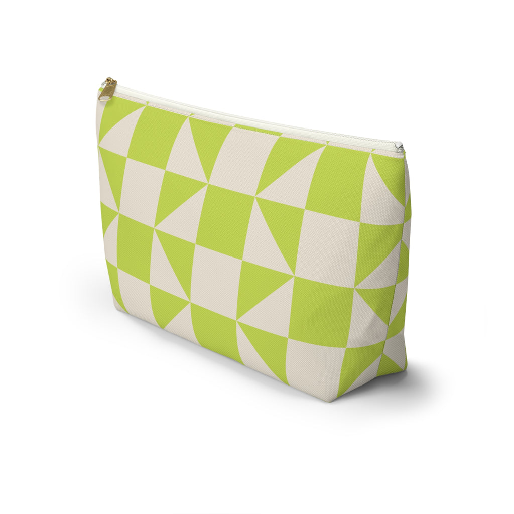 Side view of the lime green cream geometric makeup bag with T-shaped bottom