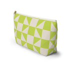 Side view of the lime green cream geometric makeup bag with T-shaped bottom