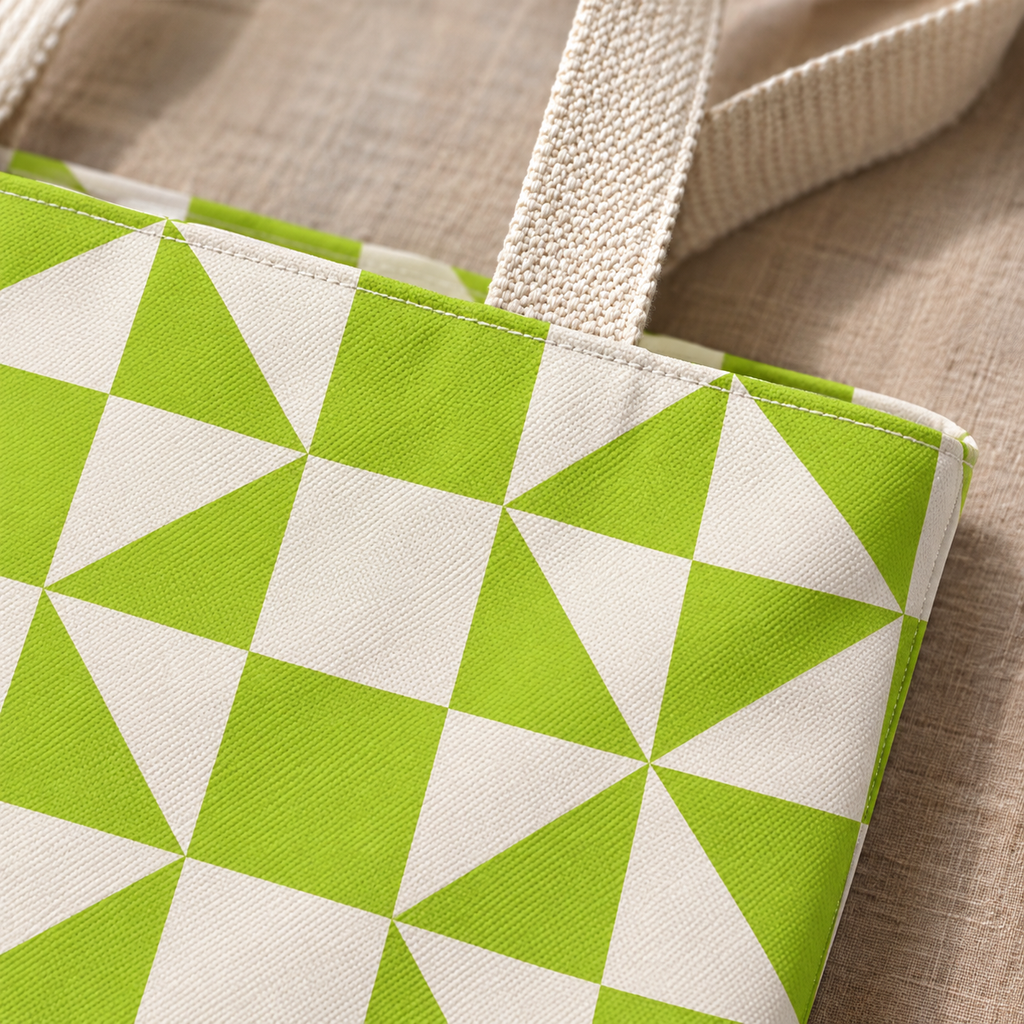 Close-up of the lime green cream geometric print and handle on the tote bag