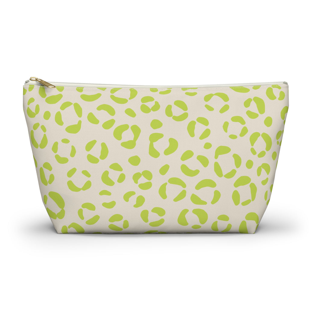 Lime green leopard print makeup bag with T-bottom, front view on white