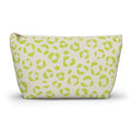 Lime green leopard print makeup bag with T-bottom, front view on white