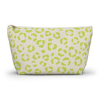 Lime green leopard print makeup bag with T-bottom, front view on white