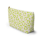 Lime green leopard print makeup bag standing at an angle