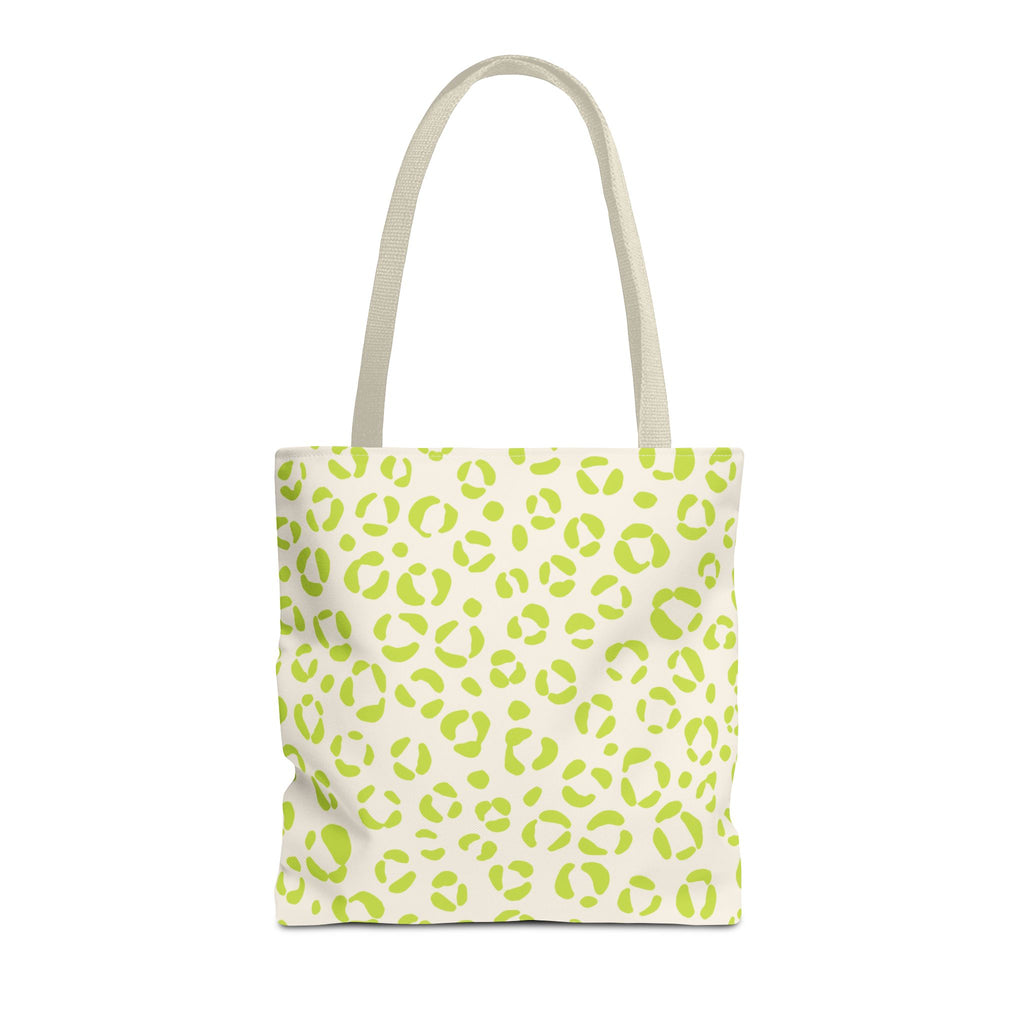 Lime green leopard print tote bag with beige handles on a white background