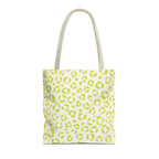 Lime green leopard print tote bag with beige handles on a white background