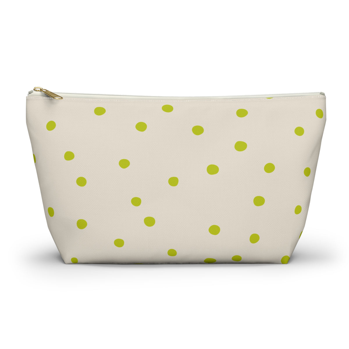 Lime green polka dot makeup bag with gold zipper pull, front view
