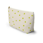Polka dot makeup bag with T-shaped bottom seen from the side