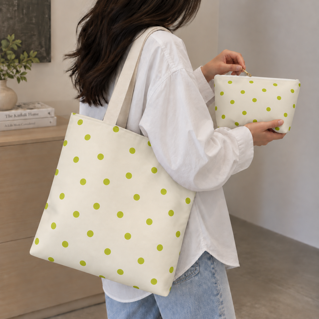 Woman with the polka dot tote bag and matching makeup bag