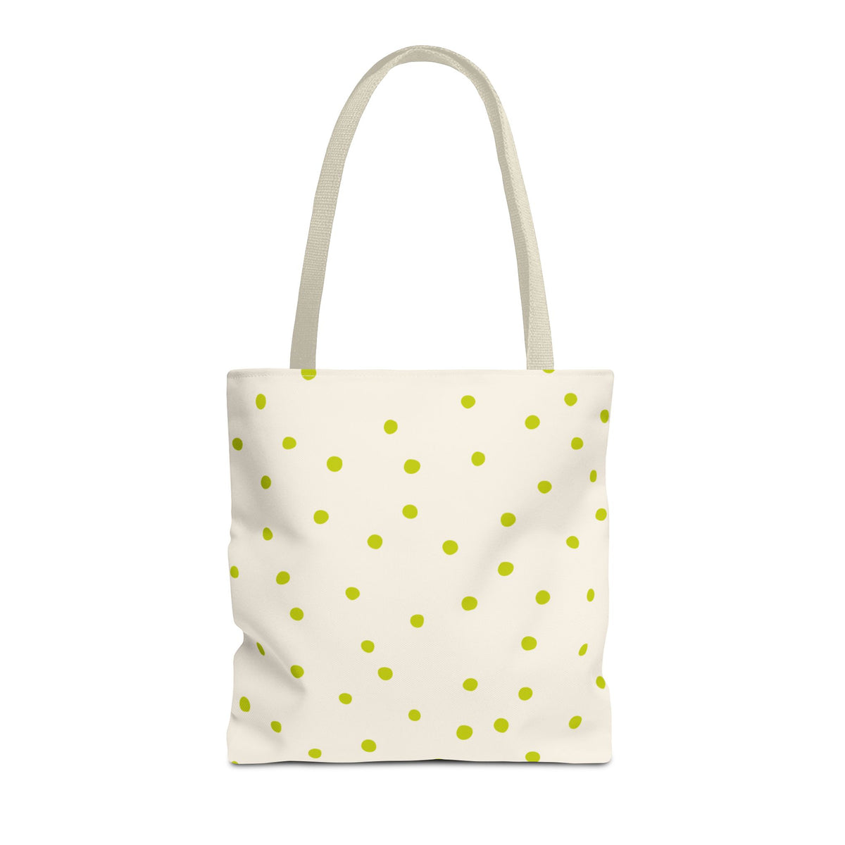 Lime green polka dot tote bag with cream handles on a white background
