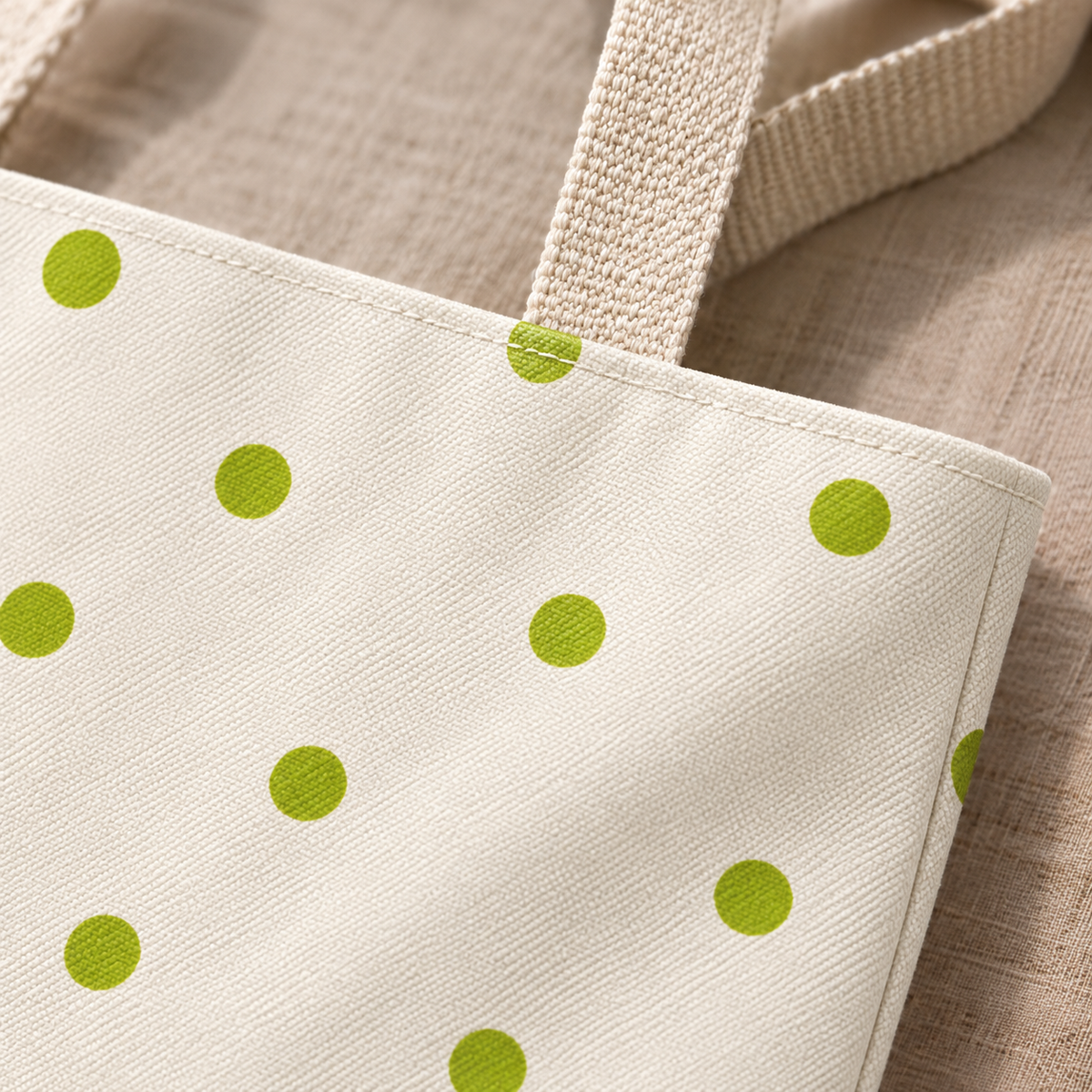 Close-up of the lime green dots on cream fabric and the handle of the tote bag