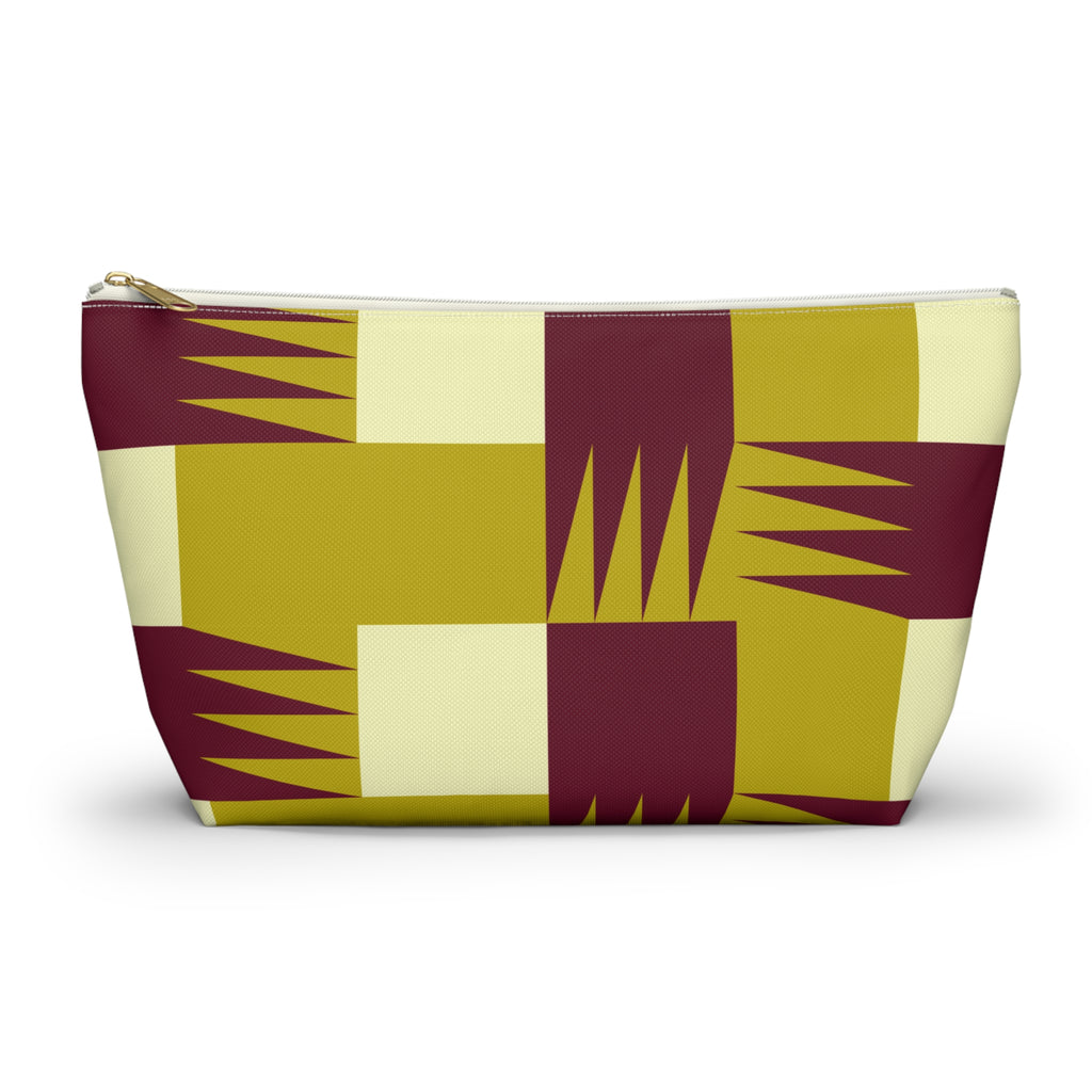 Mustard burgundy geometric makeup bag with gold zipper pull, front view on white background