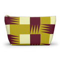 Mustard burgundy geometric makeup bag with gold zipper pull, front view on white background