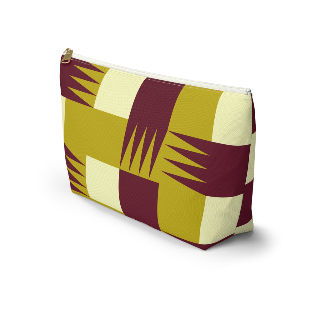 Side view of the mustard burgundy geometric makeup bag with T-bottom shape