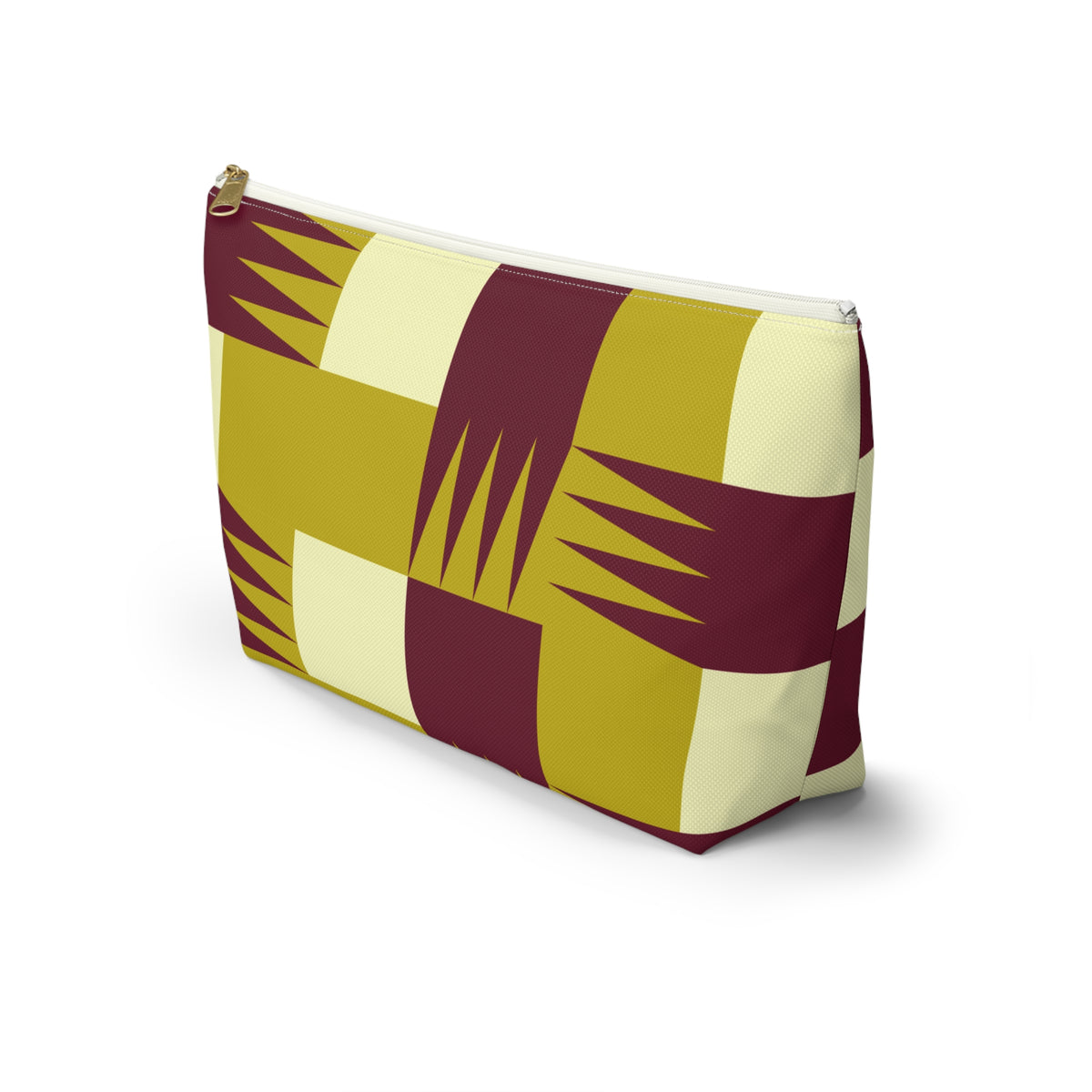 Side view of the mustard burgundy geometric makeup bag with T-bottom shape