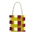 Mustard burgundy geometric tote bag with mustard, burgundy and cream blocks, front view
