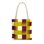 Mustard burgundy geometric tote bag with mustard, burgundy and cream blocks, front view