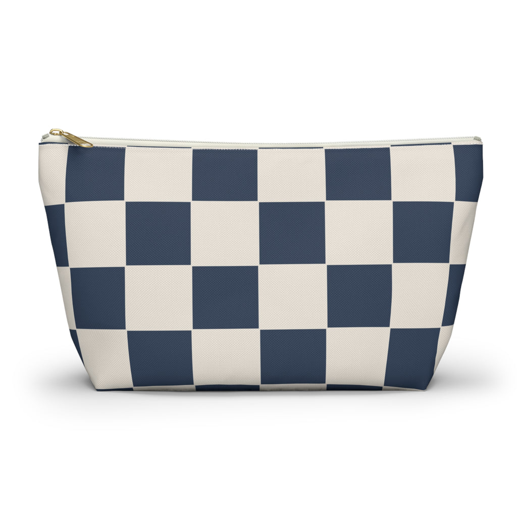 Navy cream checkered makeup bag with T-bottom shape seen from the front