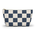 Navy cream checkered makeup bag with T-bottom shape seen from the front
