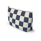 Side view of the navy cream checkered makeup bag