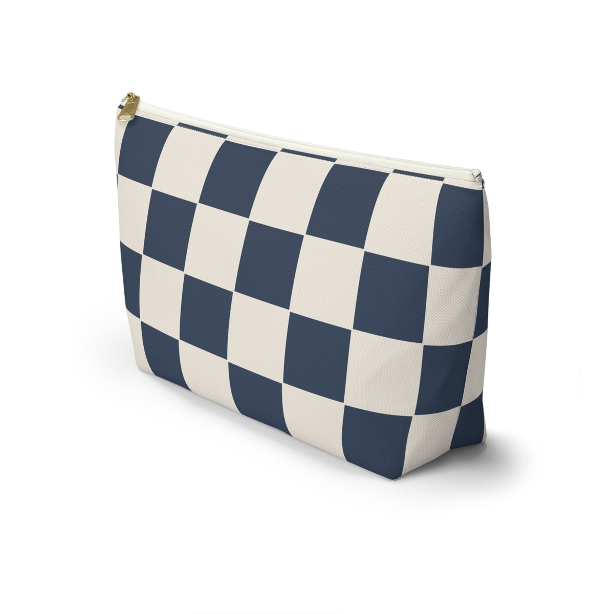 Side view of the navy cream checkered makeup bag