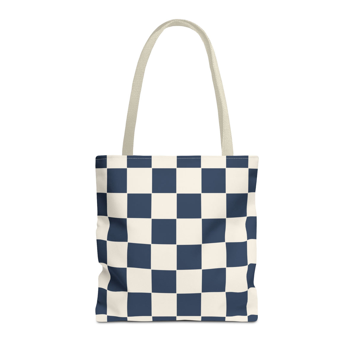 Navy cream checkered tote bag with beige handles on a white background
