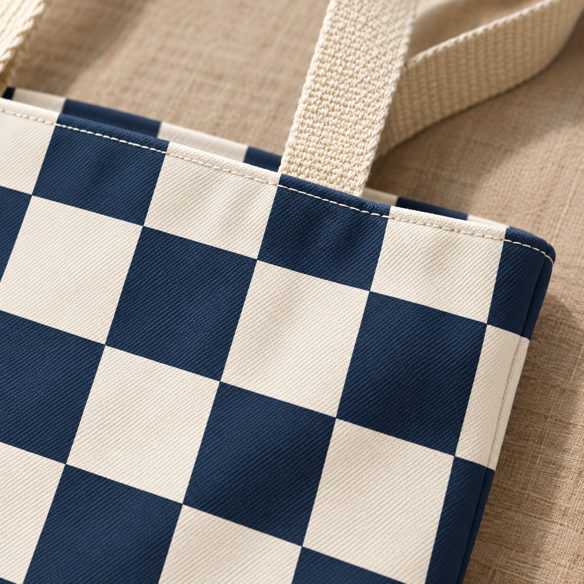 Close-up of the navy and cream checkerboard print and beige handle of the tote bag