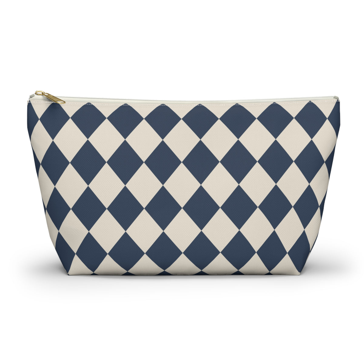 Navy Cream Diamond Checkered Makeup Bag with gold zipper, front packshot