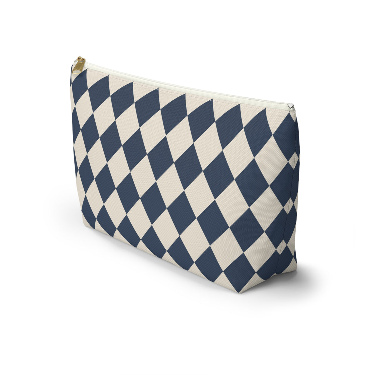 Side view of the navy and cream diamond checkered makeup bag