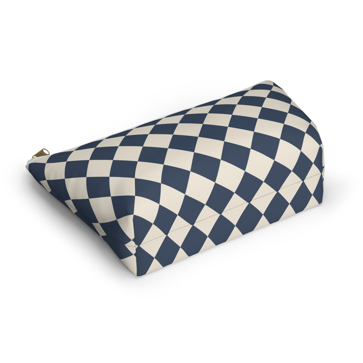 Navy diamond checkered makeup bag lying flat showing the T-bottom shape