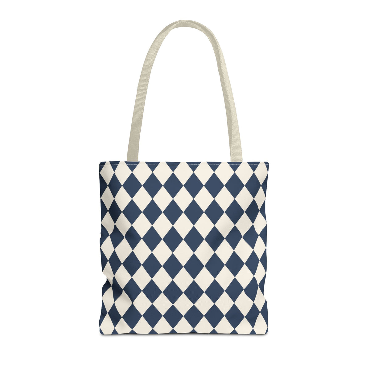 Navy Cream Diamond Checkered Tote Bag with cream handles, front packshot