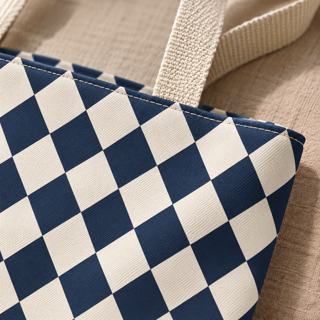 Close-up of navy and cream diamonds and the tote bag handle