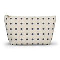 Navy Cream Polka Dot Makeup Bag with small navy dots on cream, front view