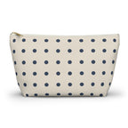 Navy Cream Polka Dot Makeup Bag with small navy dots on cream, front view