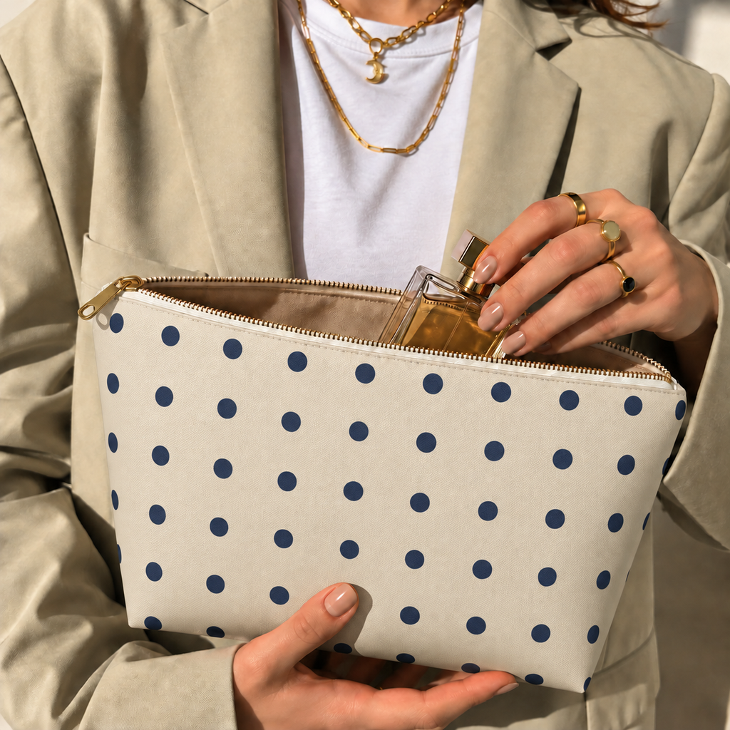 Woman opening the navy cream polka dot makeup bag to take out a perfume bottle