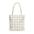 Navy Cream Polka Dot Tote Bag with small navy dots on a cream background, front view