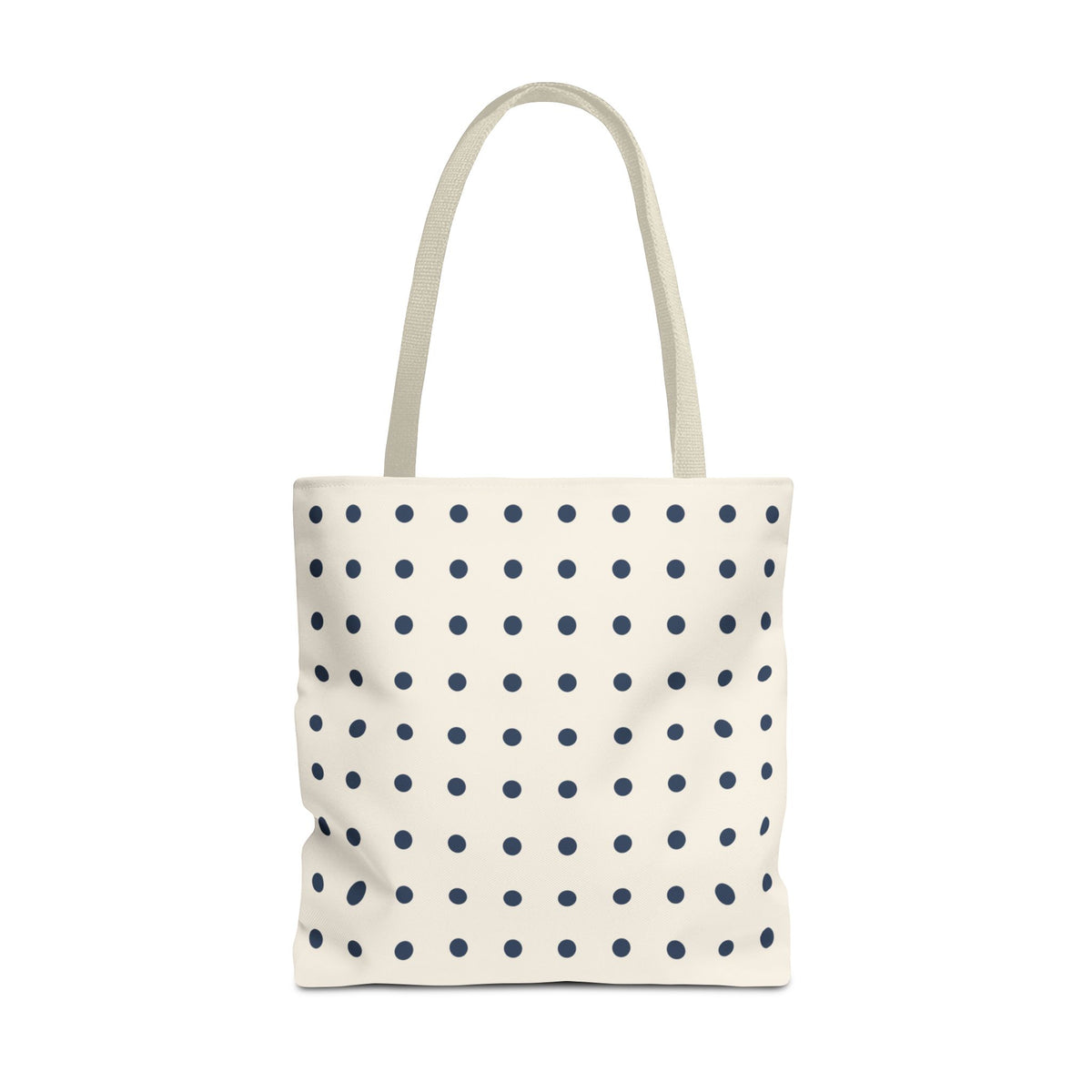 Navy Cream Polka Dot Tote Bag with small navy dots on a cream background, front view