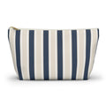 Navy cream striped makeup bag with T-bottom and gold zipper pull, front view