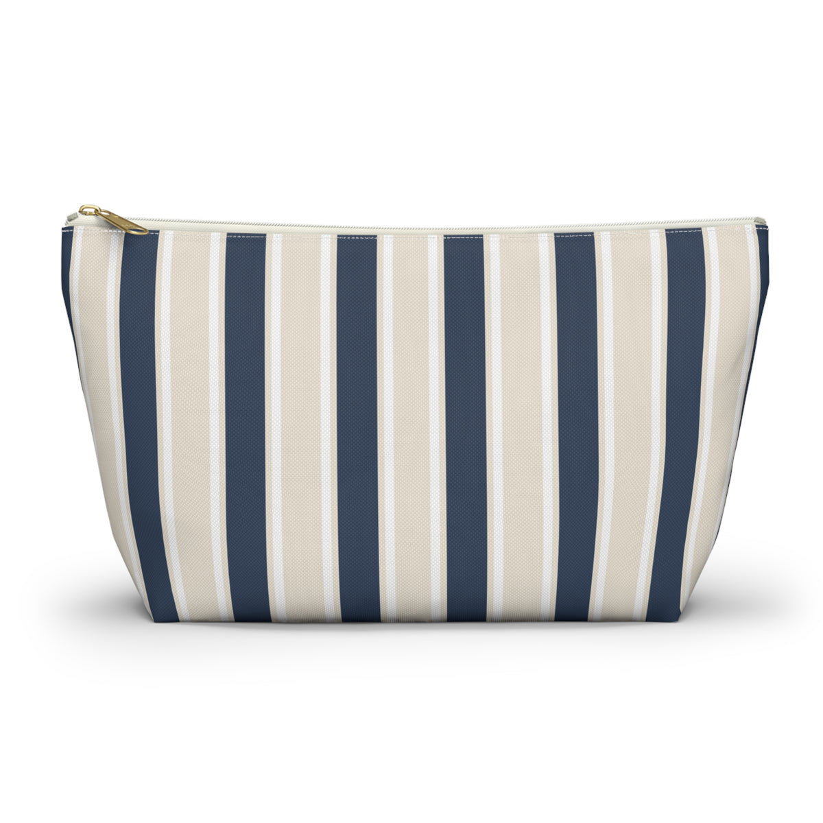 Navy cream striped makeup bag with T-bottom and gold zipper pull, front view