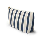 Side view of the navy cream striped makeup bag standing on a white background