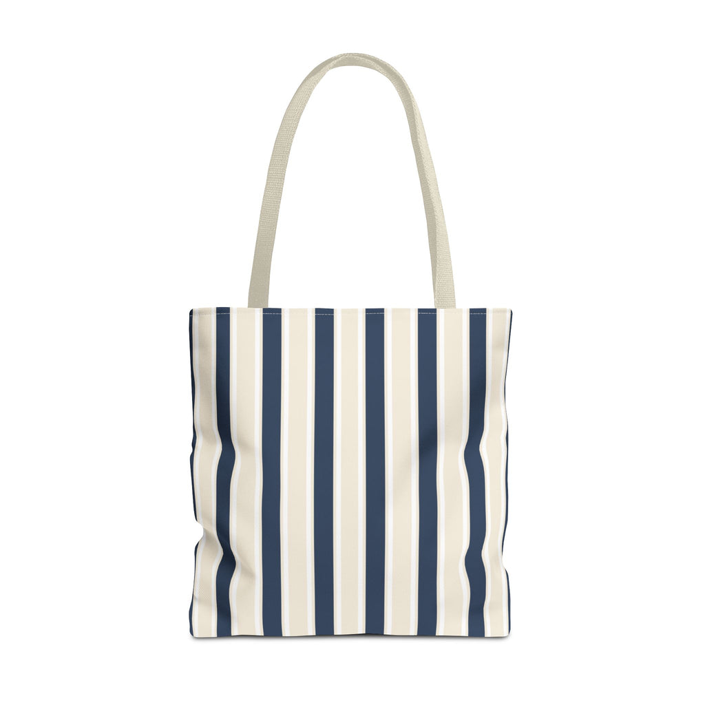 Navy cream striped tote bag with beige handles, front view on white background