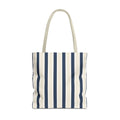 Navy cream striped tote bag with beige handles, front view on white background